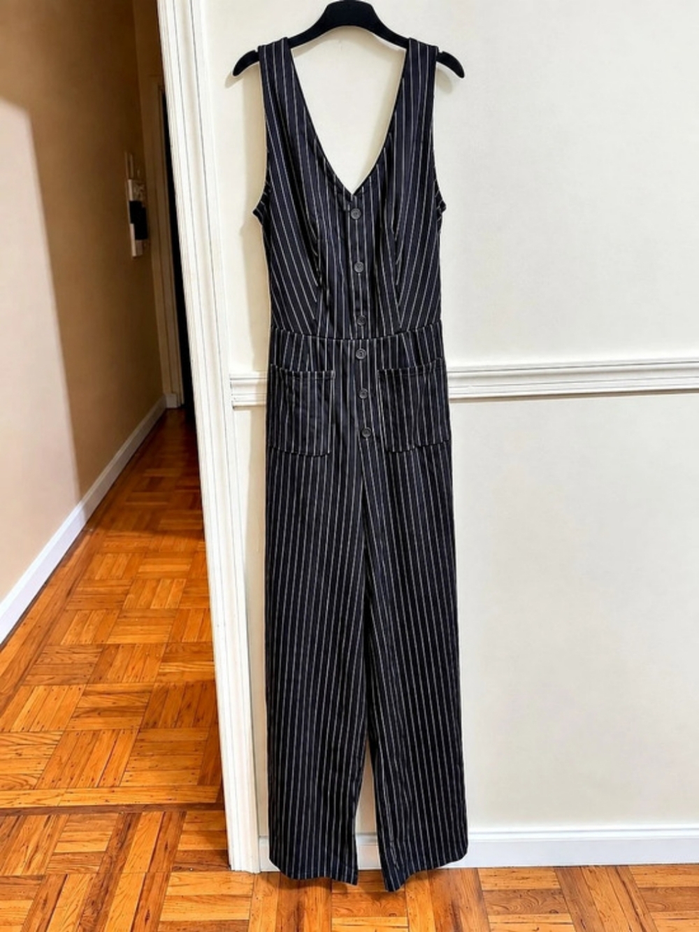 Halara Easy Peezy XS Pinstripe V-Neck Cutout Back Wide-Leg Jumpsuit Pockets